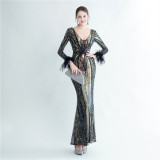 Women sequined ostrich fur long-sleeved evening dress