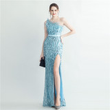 Women Ostrich Beamed Slash Shoulder Side Slit Evening Dress
