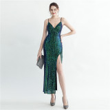 Women Beaded Sequined Side Slit Camisole Sexy Evening Dress