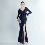Women Ostrich Fur Cuff Side Slit Long Sleeve Sequined Mermaid Evening Dress