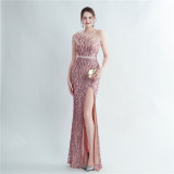 Women Ostrich Beaded Feather Slash Shoulder Side Slit Evening Dress