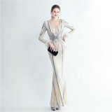 Women sequined ostrich fur long-sleeved evening dress