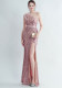 Women Ostrich Beaded Feather Slash Shoulder Side Slit Evening Dress
