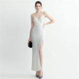 Women Beaded Sequined Side Slit Camisole Sexy Evening Dress