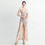 Women Ostrich Fur Slash Shoulder Roman Neck Sequined Evening Dress