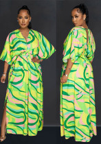 Womens Green Multicolor Vintage Print Double Slit Maxi Dress