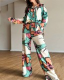 Chic Women's Plus Size Print Career Shirt High Waist Wide Leg Pants Two Piece Set