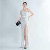 Positional Sequin One Shoulder Side Slit Long Evening Gown