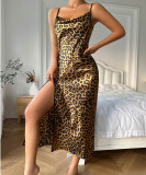 suspender dress summer Thin breathable imitation silk sexy leopard print pajamas women Low Back slit suspender nightdress