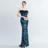 feather high-end Strapless evening dress