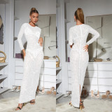 Women's Fashion Solid Color Mesh Beaded Long Sleeve Maxi Dress