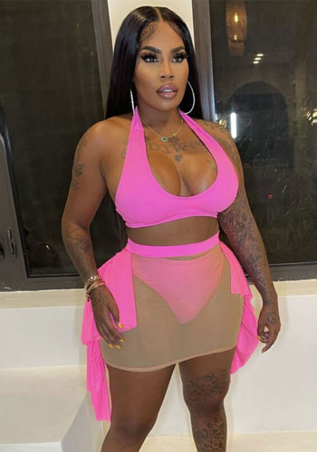 Sexy Solid Color Lace-Up Patchwork See-Through Mesh Swimsuit Three-Piece