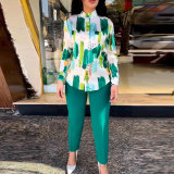 Career Women's Summer Chic Long Sleeve Shirt High Waist Cropped Pants Tight Pants Set