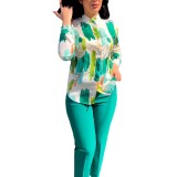 Career Women's Summer Chic Long Sleeve Shirt High Waist Cropped Pants Tight Pants Set