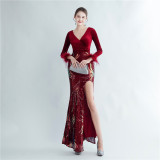 feather sequin velvet side slit long-sleeved evening dress