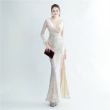 feather sequin velvet side slit long-sleeved evening dress