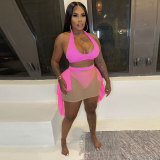 Sexy Solid Color Lace-Up Patchwork See-Through Mesh Swimsuit Three-Piece