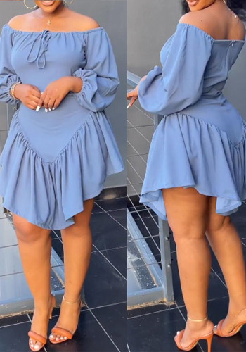 Sexy Slim Lace Lace-Up Elasticated Off Shoulder Balloon Sleeve Dress