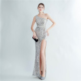 Positional Sequin One Shoulder Side Slit Long Evening Gown