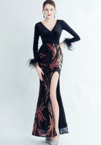 feather sequin velvet side slit long-sleeved evening dress