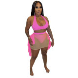 Sexy Solid Color Lace-Up Patchwork See-Through Mesh Swimsuit Three-Piece