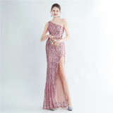 Positional Sequin One Shoulder Side Slit Long Evening Gown