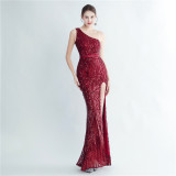 Positional Sequin One Shoulder Side Slit Long Evening Gown
