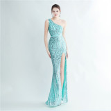 Positional Sequin One Shoulder Side Slit Long Evening Gown