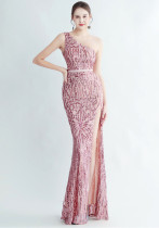 Positional Sequin One Shoulder Side Slit Long Evening Gown