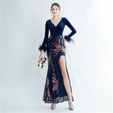 feather sequin velvet side slit long-sleeved evening dress