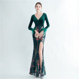 feather sequin velvet side slit long-sleeved evening dress
