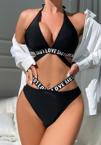 Erotic Lingerie Sexy Women's Cutout Halter Neck Bra Panty Letter Sexy Set