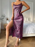 suspender dress summer Thin breathable imitation silk sexy leopard print pajamas women Low Back slit suspender nightdress