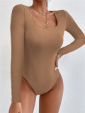 Fall Women's Casual Ribbed Basic Top Solid Color Long Sleeve Tight Fitting Jumpsuit