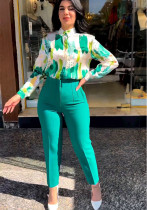 Career Women's Summer Chic Long Sleeve Shirt High Waist Cropped Pants Tight Pants Set