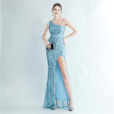 Positional Sequin One Shoulder Side Slit Long Evening Gown