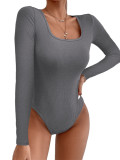Fall Women's Casual Ribbed Basic Top Solid Color Long Sleeve Tight Fitting Jumpsuit