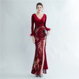 feather sequin velvet side slit long-sleeved evening dress