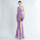 Positional Sequin One Shoulder Side Slit Long Evening Gown