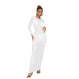 Women's Fashion Solid Color Mesh Beaded Long Sleeve Maxi Dress