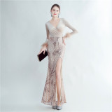 feather sequin velvet side slit long-sleeved evening dress
