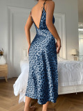 suspender dress summer Thin breathable imitation silk sexy leopard print pajamas women Low Back slit suspender nightdress