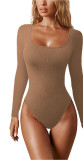 Fall Women's Casual Ribbed Basic Top Solid Color Long Sleeve Tight Fitting Jumpsuit