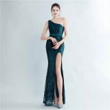 Positional Sequin One Shoulder Side Slit Long Evening Gown