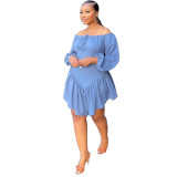 Sexy Slim Lace Lace-Up Elasticated Off Shoulder Balloon Sleeve Dress