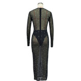 Women's Fashion Solid Color Mesh Beaded Long Sleeve Maxi Dress