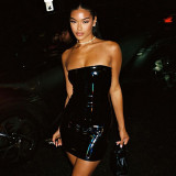 Women Strapless PU-Leather Dress