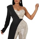Women Silver Patchwork Sequined One Shoulder Jumpsuit