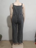 Women's Style Street Pocket Wide Leg Pants Loose Straps Denim Pants