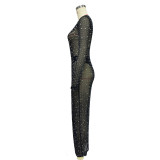 Women's Fashion Solid Color Mesh Beaded Long Sleeve Maxi Dress